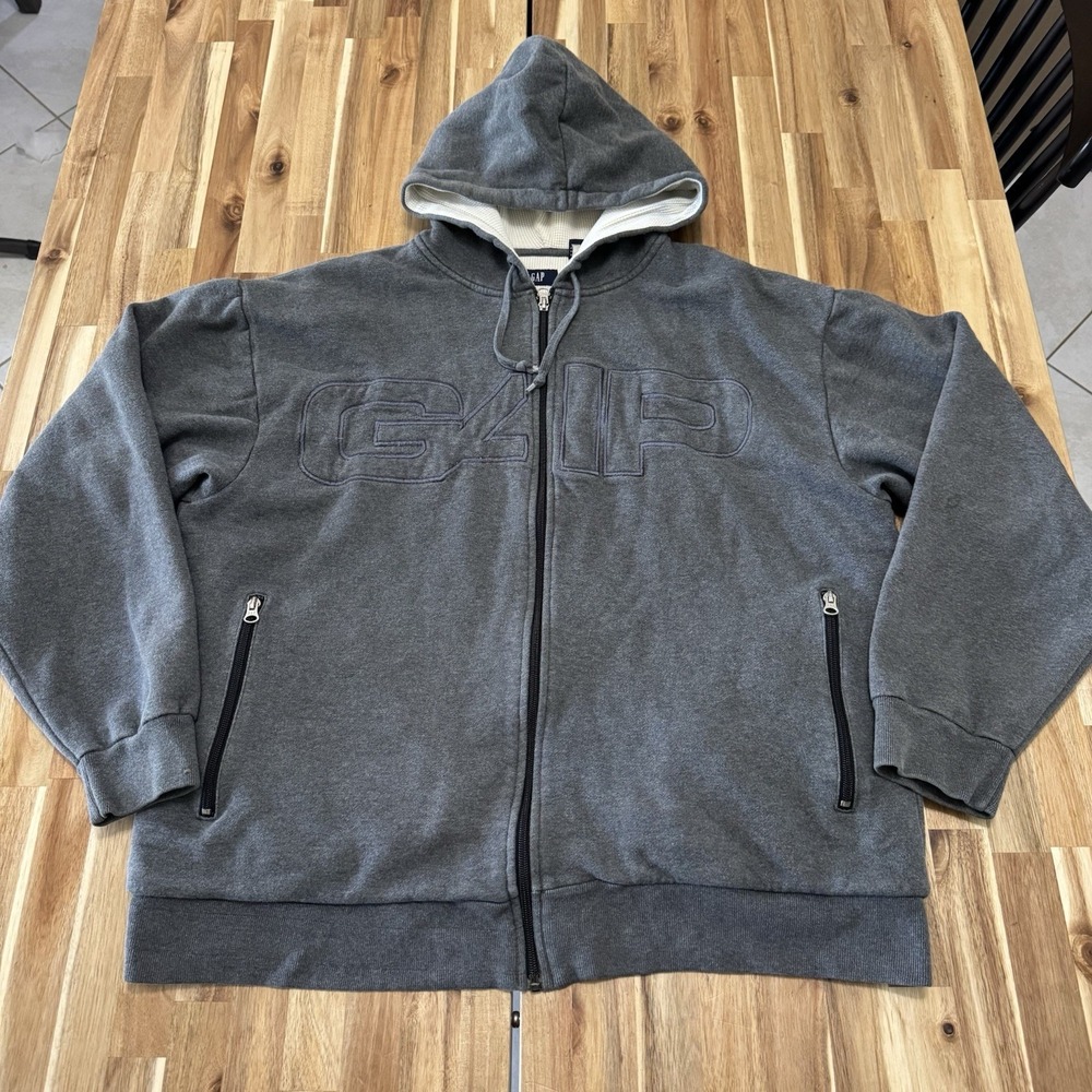 Vintage Gap Hoodie Mens XL Gray Full Zip Thermal Lined Spell Out Pockets Y2K
